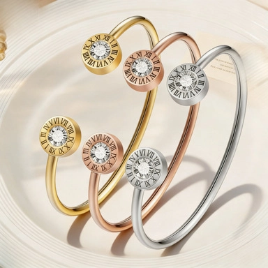 Fashion Stainless Steel Cuff Bracelet With Roman Numerals And Round Zircon Elegant Jewelry Gift For Women
