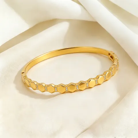 Women Stainless Steel Bangle Bracelet Honeycomb Hexagon Design Micro Inlaid Zircon Fashion Jewelry Twisted Cable Cuff