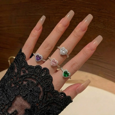 Heart Shape Adjustable Ring Colorful Zircon Sparkling Micro Pave Open Band Romantic Jewelry Elegant Gift For Women