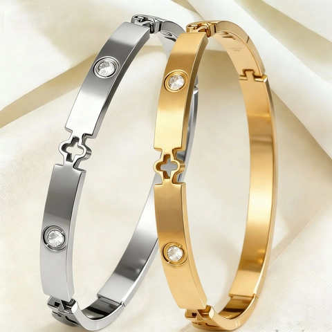 Fashion Stainless Steel Hollow Flower Bangle For Women Gold Silver Plated Zirconia Four-Leaf Clover Twisted Rope Bracelet Jewelry