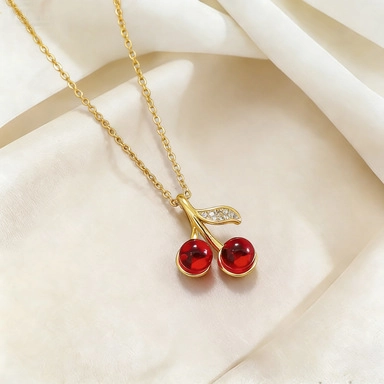 Collana Con Pendente Ciliegia Rossa Catena In Acciaio Inossidabile Placcato Oro Foglia Di Rame Zircone Gioielli Donna