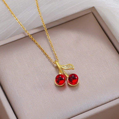 Collana Con Pendente Ciliegia Rossa Catena In Acciaio Inossidabile Placcato Oro Foglia Di Rame Zircone Gioielli Donna