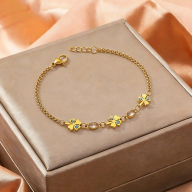 Evil Eye Kleeblatt Armband Vergoldeter Edelstahl Mit Zirkonia Ovaler Kristall Eleganter Modeschmuck Für Frauen