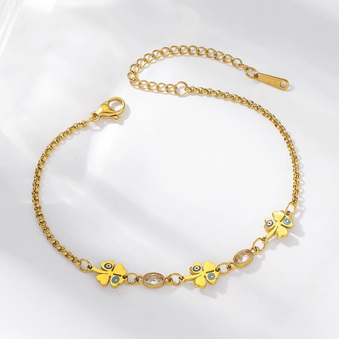 Evil Eye Kleeblatt Armband Vergoldeter Edelstahl Mit Zirkonia Ovaler Kristall Eleganter Modeschmuck Für Frauen