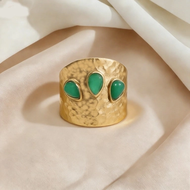 Anillo Ancho Martillado Vintage Acero Inoxidable Chapado En Oro Con Piedras Zircon Gota Agua Verde Estilo Bohemio Para Mujer
