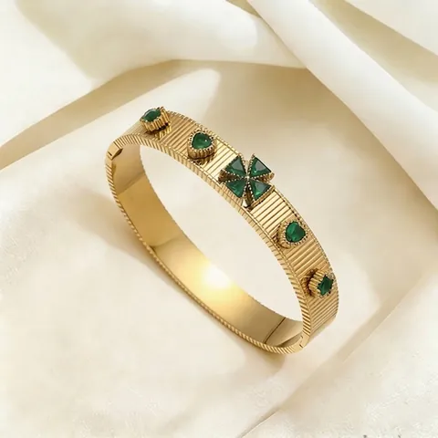 Edelstahl Armreif Gold Vergoldet Kleeblatt Herz Zirkon Offene Manschette Vintage Luxus Schmuck Für Damen