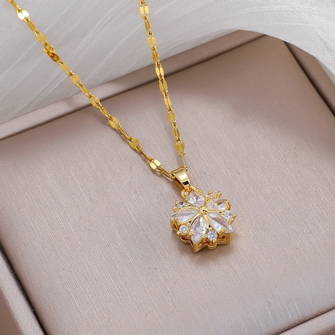 Bauhinia Flower Pendant Necklace Titanium Steel Copper Zircon Inlaid Gold Plated Elegant Fashion For Women
