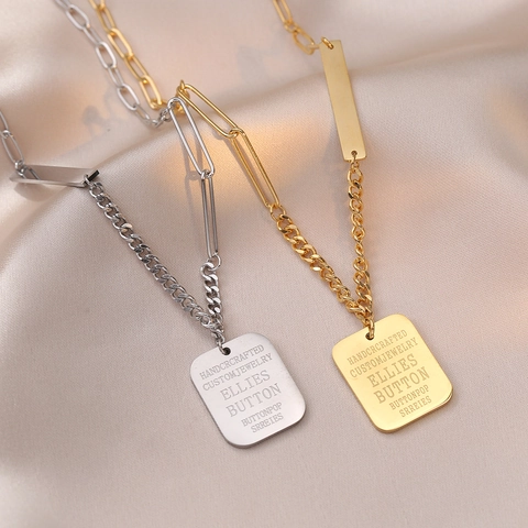 Stainless Steel Square Pendant Necklace Asymmetric Paperclip Chain Minimalist Geometric Engraved Tag Jewelry For Women