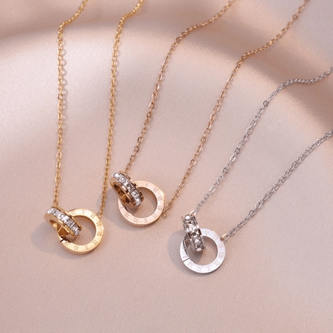 Interlocking Double Ring Necklace Stainless Steel Roman Numerals Zircon Pendant Fashion Jewelry For Women