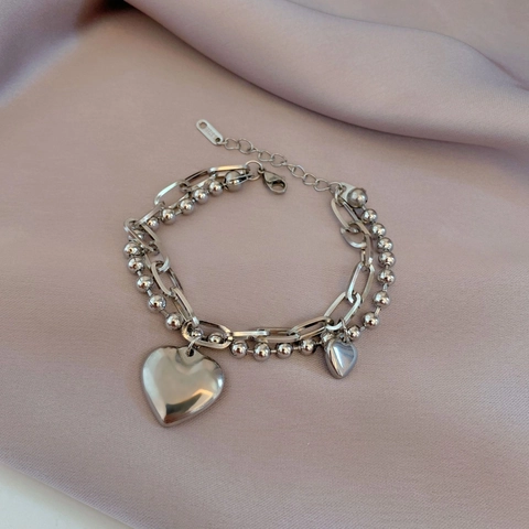Stainless Steel Double Layer Bracelet With Bead Link Chain Polished Heart Pendants Chic Minimalist Jewelry For Women