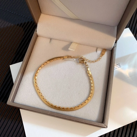 Bracciale Doppio Strato Da Donna Acciaio Inossidabile Placcato Oro 18K Catena A Serpente Perline Tonde Minimalista Regolabile
