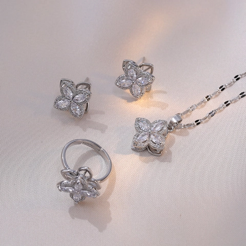 Kleeblatt Schmuck Halskette Ohrringe Ring Armband Edelstahl Zirkon Einlage Elegant Damen Schmuck
