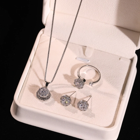 Cubic Zirconia Flower Cluster Necklace Rotating Ring Earrings Jewelry With 925 Sterling Silver Earring Post For Women