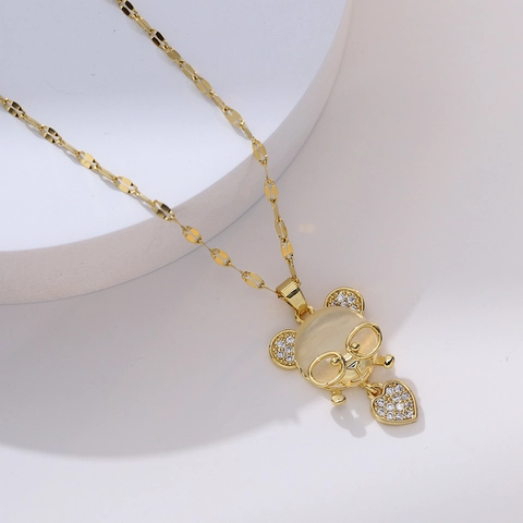 Stainless Steel Mouse Pendant Necklace For Women With Cat Eye Stone And Rhinestone Heart Gold Plated Fashion Chain Jewelry