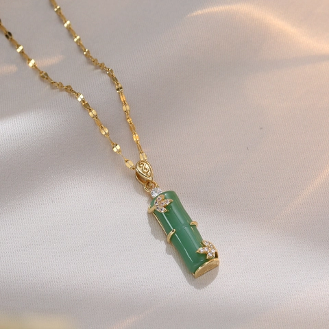 Retro Bambus Design Anhänger Halskette Titanstahl Vergoldet Zirkonia Bambusknoten Glücksbringer Schmuck Für Damen Elegantes Geschenk