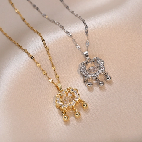 Vintage Ruyi Slot Hanger Ketting Roestvrij Staal Verguld Dansende Zirkonia Gelukswolk Bellen Voor Dames