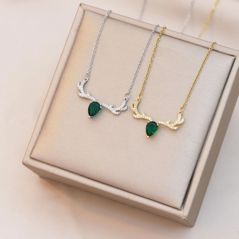 Titanium Stainless Steel Reindeer Antler Pendant Necklace For Women Green Water Drop Zirconia Clavicle Chain Jewelry Gift