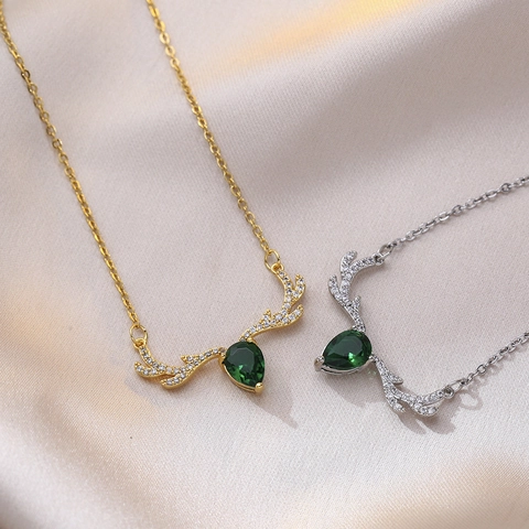 Titanium Stainless Steel Reindeer Antler Pendant Necklace For Women Green Water Drop Zirconia Clavicle Chain Jewelry Gift