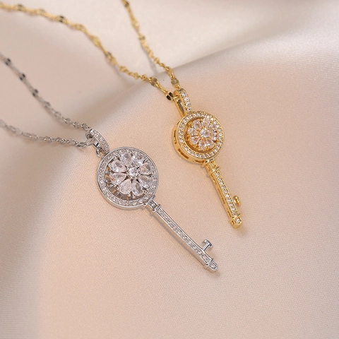 Rotatable Flower Key Pendant Necklace Stainless Steel Zirconia Inlaid Gold Silver Fashion Jewelry Women Rotating Charm