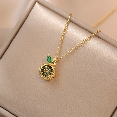 Collier Pendentif Citron En Acier Inoxydable Plaque Or Cristal Vert Tranche De Fruit Style Frais Bijoux Cadeau Femme