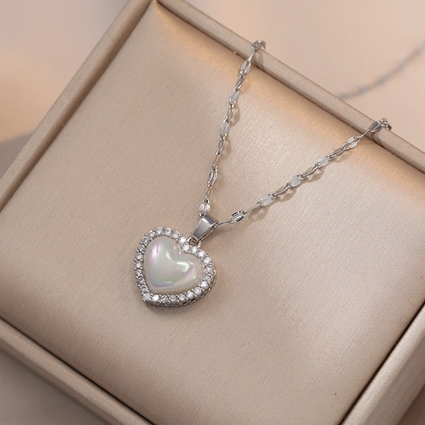 Collar Con Colgante De Corazón De Acero Inoxidable Circonita Micro Pavé Concha Iridiscente Joyería Minimalista Elegante Regalo Para Mujer