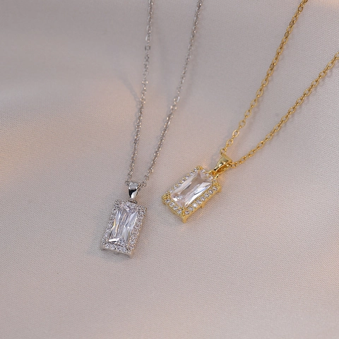 Trendy Rechthoekige Zirkoon Hanger Ketting Voor Vrouwen Elegante Titanium Staal Halo Geometrische Emerald Cut Sieraden
