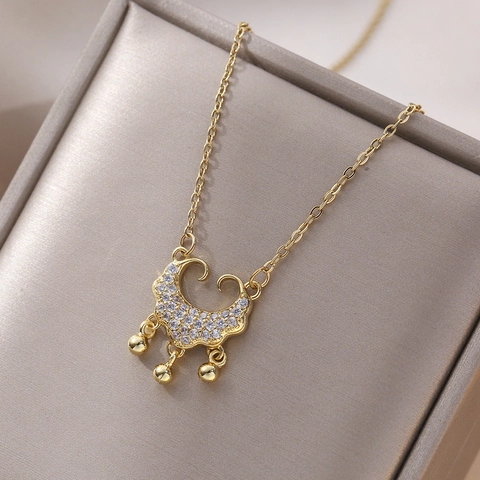 Collar Con Colgante De Candado De Longevidad Estilo Chino Vintage Acero De Titanio Cobre Circonia Ruyi Para Mujer Elegante