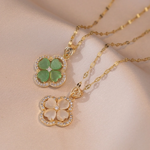 Heart Cat Eye Stone Four Leaf Clover Pendant Necklace Inlaid Zircon Stainless Steel Flower Jewelry For Women