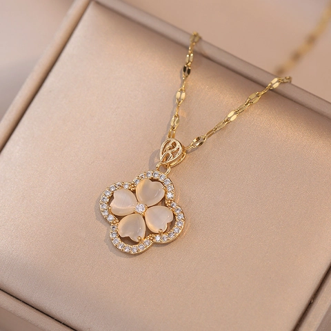 Heart Cat Eye Stone Four Leaf Clover Pendant Necklace Inlaid Zircon Stainless Steel Flower Jewelry For Women