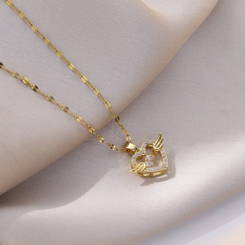 Herz Engel Flügel Schwebender Stein Anhänger Halskette Titanstahl Zirkonia Gold Mode Schmuck Für Damen