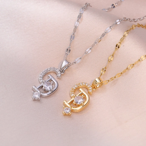 Elegant Titanium Steel Necklace For Women Featuring Shimmering Zircon CD Letter Pendant Clavicle Chain Trendy Jewelry