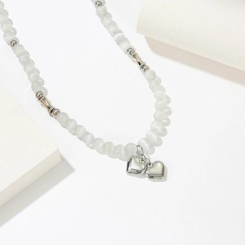 Minimalist Heart Pendant Necklace For Women White Cat Eye Stone Beaded Stainless Steel Double Hearts Aesthetic Accessory