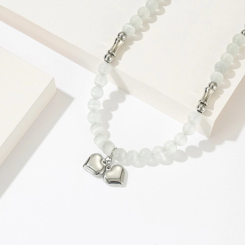 Minimalist Heart Pendant Necklace For Women White Cat Eye Stone Beaded Stainless Steel Double Hearts Aesthetic Accessory