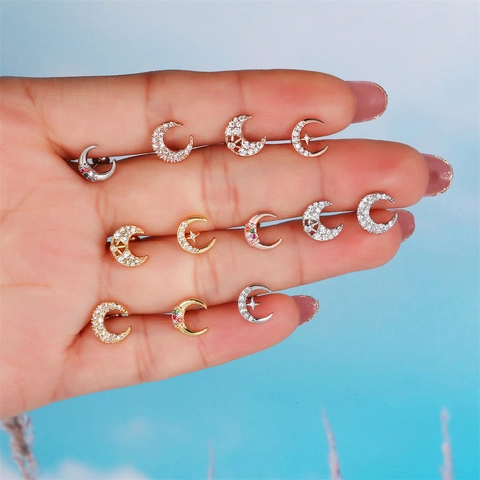 Zirkonia Stern Mond Ohrstecker Kupfer Gold Roségold Silber Plattiert Piercing Schmuck Für Damen Kleine Himmlische Ohrringe