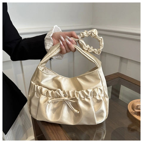 Borsa A Spalla Donna In Raso Pieghettata Con Fiocco Borsa Sottobraccio Tote Grande Capacità Stile Francese