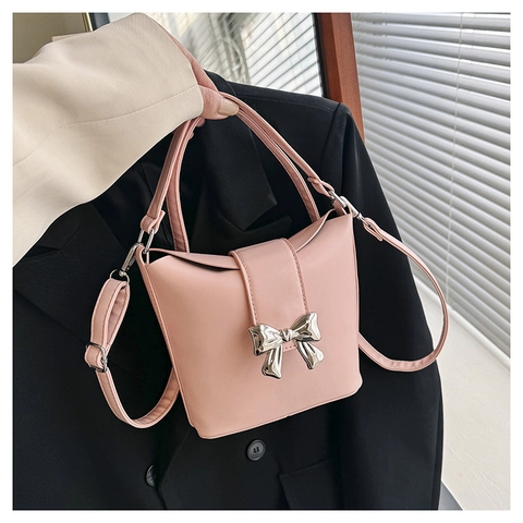 Bolso Bombonera con Lazo de Estilo Francés para Mujer Cuero PU Color Sólido Bolso de Hombro Bolso Cruzado Bolso de Mano