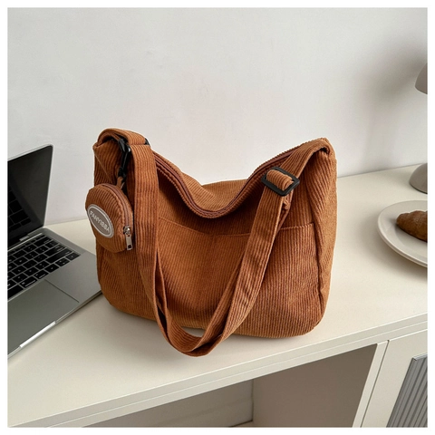 Large Capacity Corduroy Shoulder Bag With Circular Coin Purse For Women Urban Casual Tote Hobo Crossbody Bag Ribbed Fabric