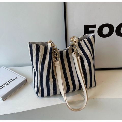 Große Damen Canvas Tote Bag Vintage Vertikal Gestreifte Umhängetasche Mit Metallkette Lässig Arbeit Reise