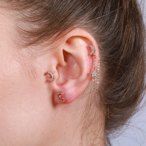Star Moon Chain Dangle Earrings With 18K Gold Earring Post Brass Cubic Zirconia Screw Back Piercing Cartilage Studs