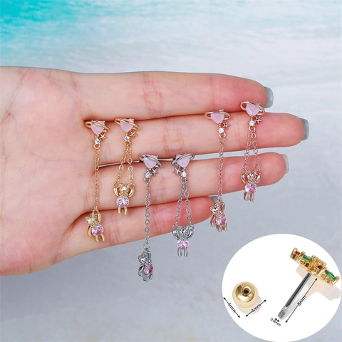 Cute Bear Heart Planet Dangle Ear Studs Zircon Brass With Stainless Steel Earring Post Korean Style Women