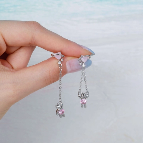 Cute Bear Heart Planet Dangle Ear Studs Zircon Brass With Stainless Steel Earring Post Korean Style Women