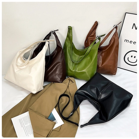 Women Large Capacity Hobo Shoulder Bag PU Leather Minimalist Soft Tote Handbag With Adjustable Strap For Daily Use