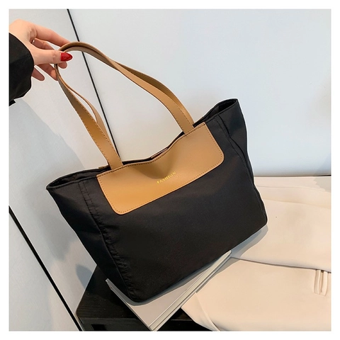 Large Capacity Women Tote Bag Nylon Synthetic Leather Contrast Color Shoulder Handbag Minimalist Commute Fashion Zipper