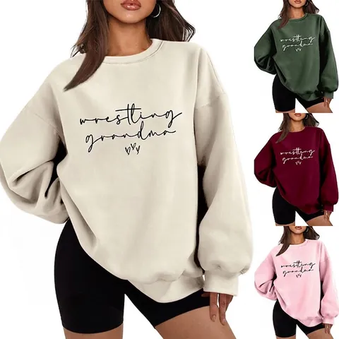 Felpa Da Donna Con Stampa Wrestling Grandma Girocollo Misto Cotone Foderata In Pile Oversize Pullover Casual