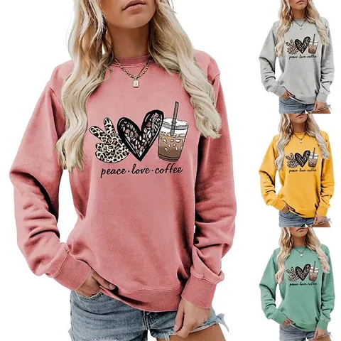 Damen Casual Baumwollmischung Sweatshirt Peace Love Coffee Grafikdruck Rundhals Locker Langarm Pullover Herbst Top