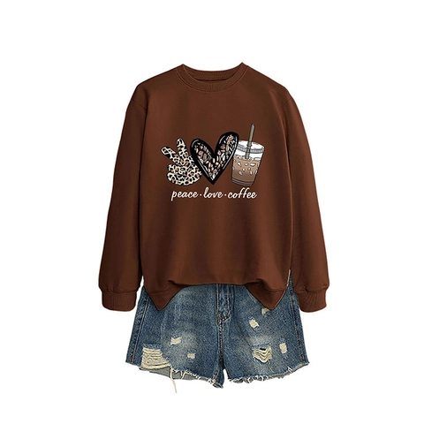 Damen Casual Baumwollmischung Sweatshirt Peace Love Coffee Grafikdruck Rundhals Locker Langarm Pullover Herbst Top