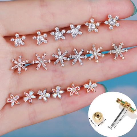 Stainless Steel Post Brass Zirconia Flower Snowflake Star Stud Earrings Internal Thread Screw Back Ear Piercing Jewelry