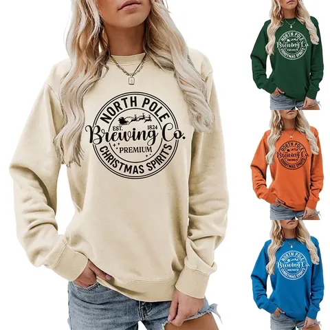 Damen Sweatshirt Baumwolle Polyester Mischung Rundhalsausschnitt Langarm Vintage North Pole Brewing Co Weihnachten Grafik Druck Pullover