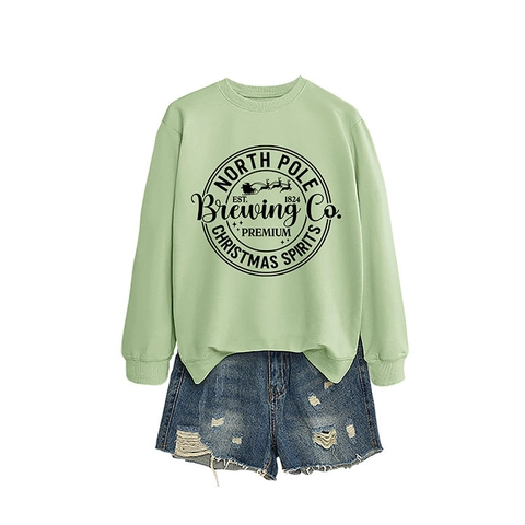 Damen Sweatshirt Baumwolle Polyester Mischung Rundhalsausschnitt Langarm Vintage North Pole Brewing Co Weihnachten Grafik Druck Pullover
