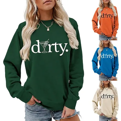 Sweatshirt Femme Col Rond Manches Longues Mélange De Coton Imprimé Lettre Verre À Martini Haut Pull Décontracté